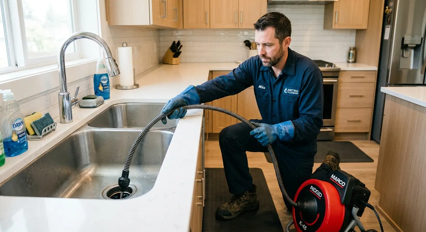 Drain cleaning technician using a motorized snake on a kitchen sink in Dumfries