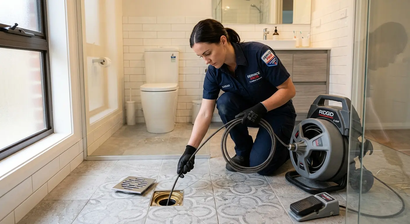 Technician clearing a bathroom floor drain for Sewer Line Replacement in Dumfries